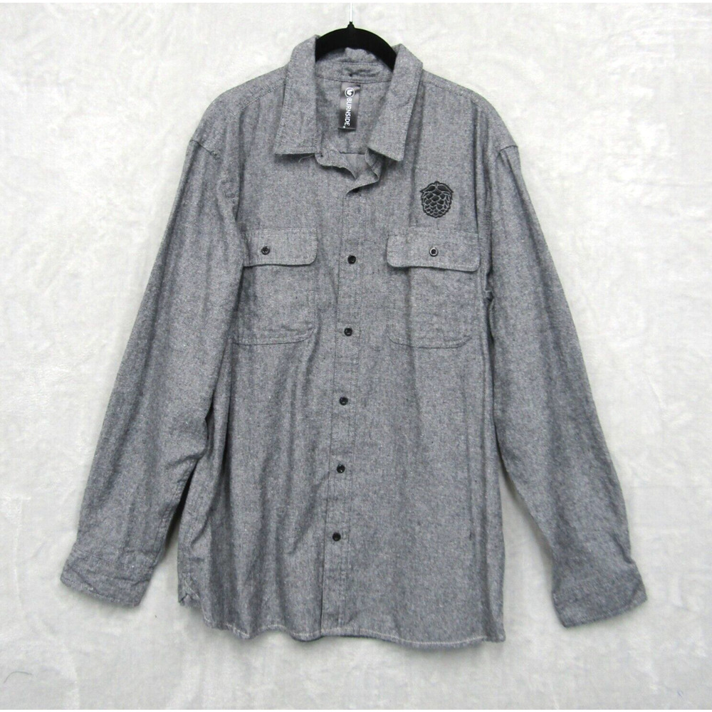 Burnside Gray Flannel Long Sleeve Button Front Shirt XL Embroidered Hops Beer